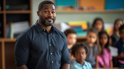 A Black male teacher stands in front of a class of multiethnic children, giving a presentation on Black History Month. The commercial photograph features soft lighting and high qua