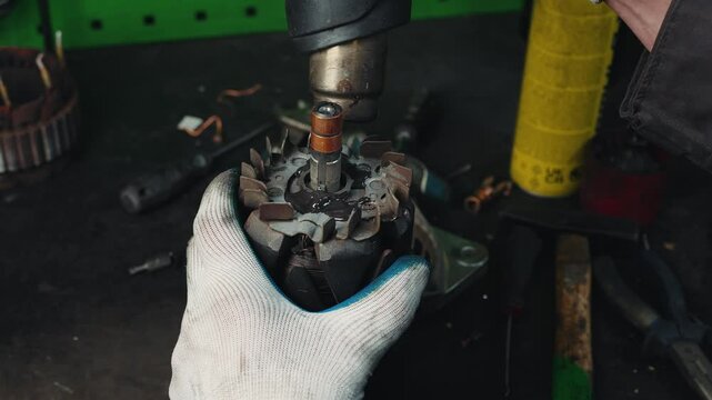 Car mechanic heats up car spare part electric motor with construction hairdryer carries out maintenance and repair of electric motor
