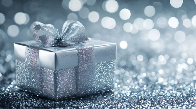 gift wrapping box surrounded by glitter on a holiday background silver gift box on silver glitter background , goft box in siver ribbon  on bokeh background