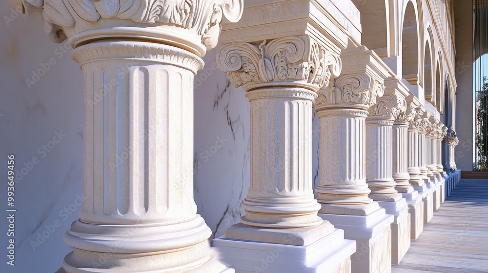 Poster elegant columns with intricate designs in a classical architectural setting.