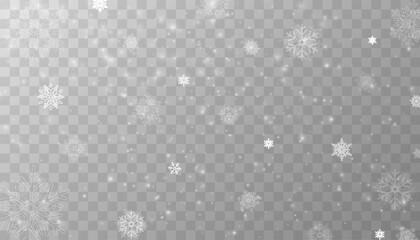 Tiny flying snow flakes illustration. Snowstorm dust freeze shapes. Snowfall sky white transparent wallpaper. Flat snowflakes january vector. Snow hurricane landscape.