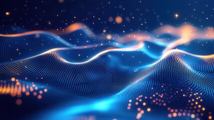 Abstract digital waves with glowing particles, representing data flow and technology.