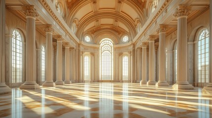 Obraz premium Spacious marble hall with towering columns, arched ceilings, and streaming sunlight