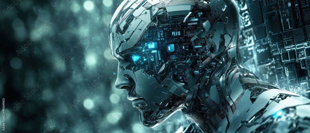 Aufkleber a futuristic robotic head with intricate circuitry and glowing elements.