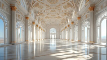 Spacious marble hall with towering columns, arched ceilings, and streaming sunlight
