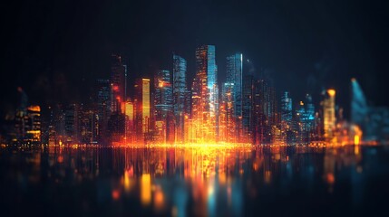 Fototapeta premium A vibrant city skyline at night with glowing lights reflected in the water.