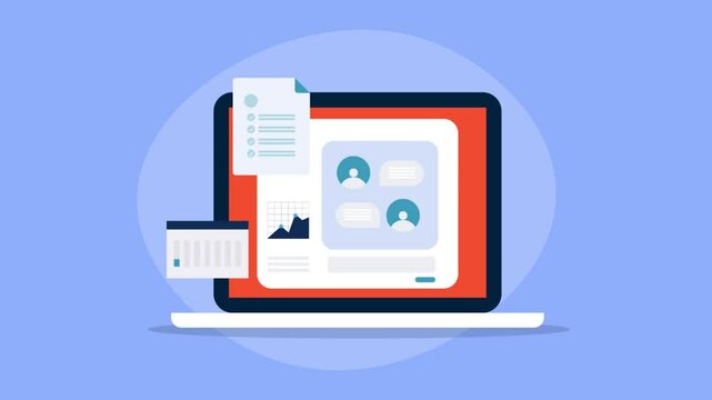 Project management software, team collaboration, task checklist, productivity and workflow monitoring report on screen, video animation concept.
