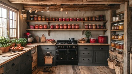 Obraz premium Rustic Kitchen with Jars of Preserves
