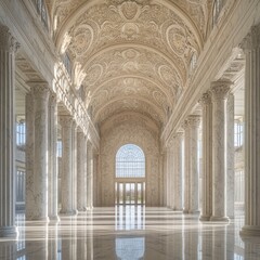 Fototapeta premium Spacious marble hall with towering columns, arched ceilings, and streaming sunlight