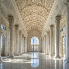 Spacious marble hall with towering columns, arched ceilings, and streaming sunlight