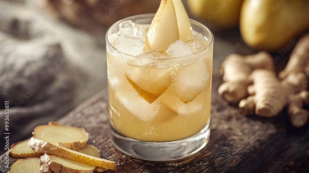 Poster refreshing pear and ginger cocktail with ice in a glass on wooden background.