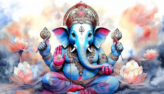 A vibrant and colorful of the Hindu deity Ganesha, the remover of obstacles and bringer of wisdom and prosperity.