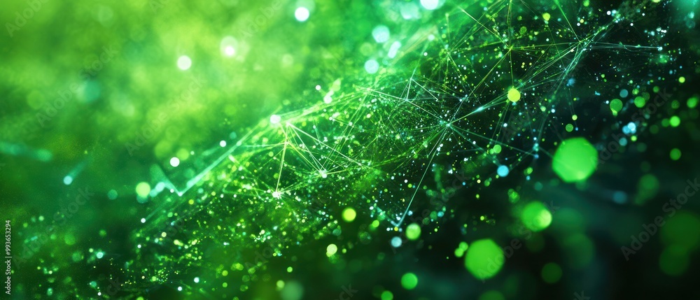 Aufkleber abstract green digital background with glowing particles and interconnected lines.
