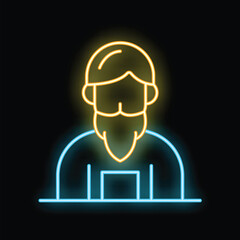 Glowing neon sign depicting a man with a beard wearing overalls on a black background