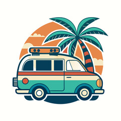 Summer vacation on tropical resort cartoon vector illustration , Travel by car on summer holiday , Vintage 1970s Surf Culture Design with Surf Van Palm Trees and Sunny Beach 