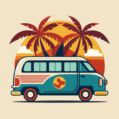 Summer vacation on tropical resort cartoon vector illustration , Travel by car on summer holiday , Vintage 1970s Surf Culture Design with Surf Van Palm Trees and Sunny Beach 