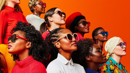 Fototapeta premium Diverse group of women wearing stylish sunglasses, showcasing individuality and confidence against vibrant orange background. Their expressions reflect empowerment and unity