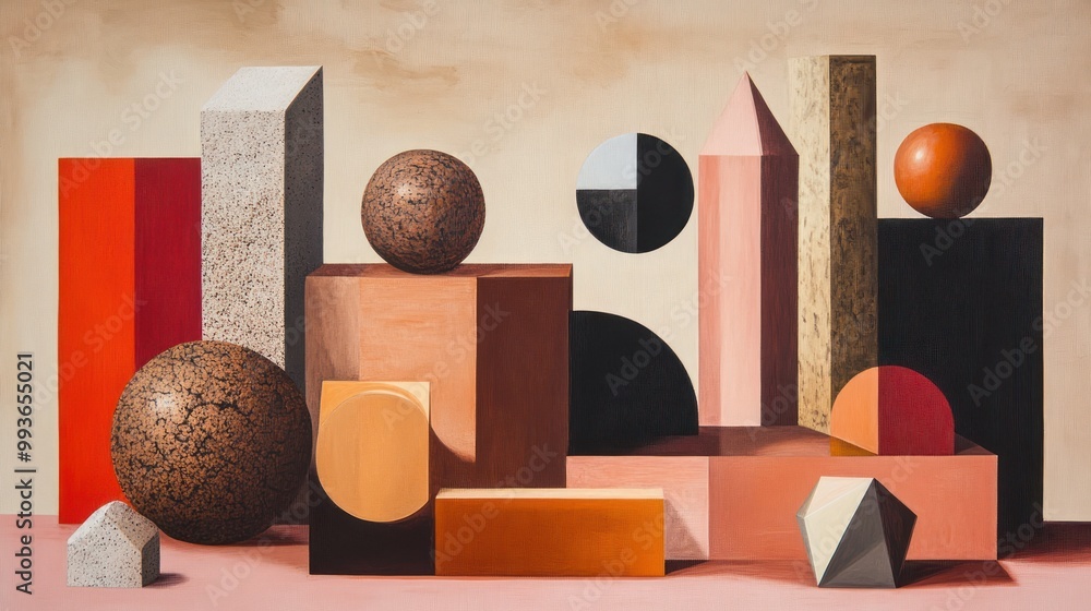 Poster A still-life composition featuring geometric shapes and forms in various colors and textures.