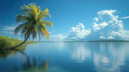 Palm Tree Overlooking Tranquil Lake