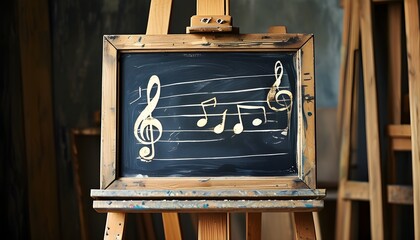 Charming vintage wooden chalkboard adorned with faded music notes, elegantly displayed on a rustic easel stand