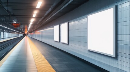 Close up of Blank square canvas billboard poster on train station wall, mockup background. Ai generated image