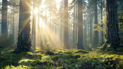 Obraz premium Morning sunrise in the forest, with sunlight filtering through the trees, creating a beautiful green natural environment outdoors.