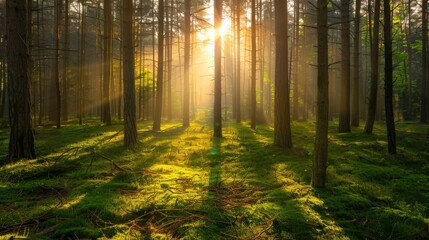 Obraz premium Morning sunrise in the forest, with sunlight filtering through the trees, creating a beautiful green natural environment outdoors.