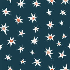 Vector stylish space seamless pattern with abstract stars on dark background. Hand drawn night sky pattern design for fabric or wrapping paper. Kids merry Christmas background