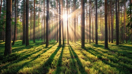 Obraz premium Morning sunrise in the forest, with sunlight filtering through the trees, creating a beautiful green natural environment outdoors.
