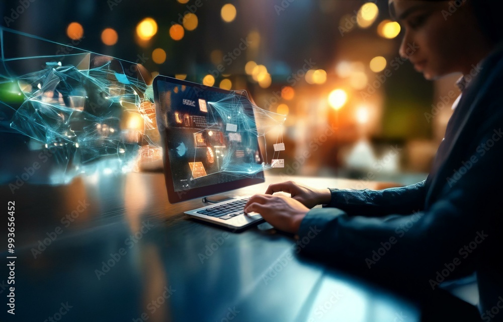 Aufkleber A person sits at a table with a laptop and uses the keyboard.  The computer screen displays a graphic with bright glowing blue lines.  The background is blurred with warm lights.