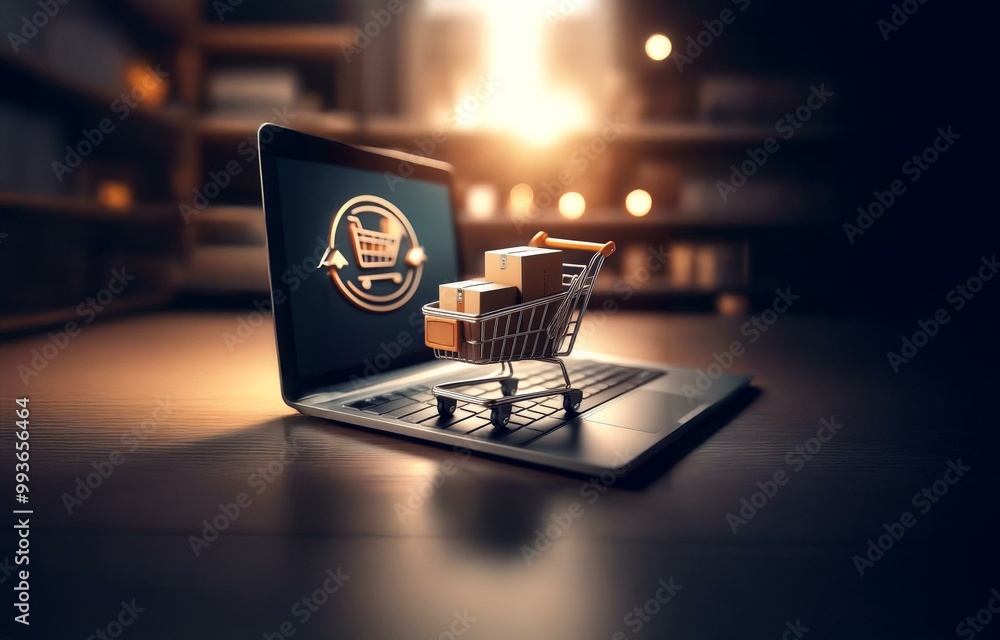 Poster A miniature shopping cart filled with boxes sits on the keyboard of a laptop, with a shopping cart icon visible on the screen.