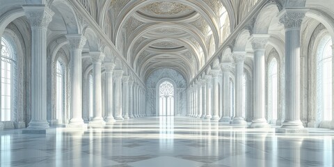 Fototapeta premium Spacious marble hall with towering columns, arched ceilings, and streaming sunlight