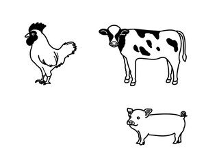 鶏と牛と豚のイラスト（線画）