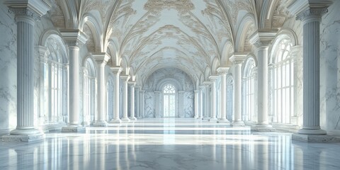 Naklejka premium Spacious marble hall with towering columns, arched ceilings, and streaming sunlight