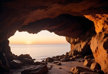 A rocky cave opening with a view of a distant island or rock formation in the ocean at sunset, with the sky reflecting in the calm waters below