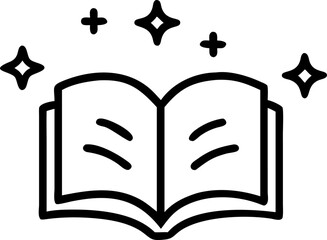 an open book with some stars above, icon outline