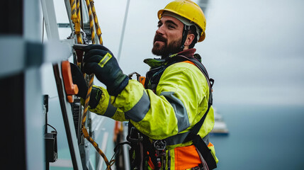 maintenance engineer worker is performing tasks at height, showcasing safety gear and focused expression. cloudy backdrop adds to industrial atmosphere