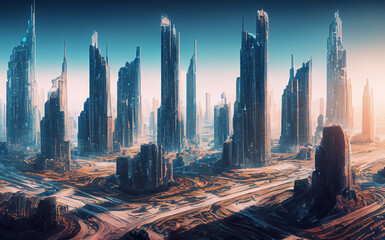 Futuristic city with tall buildings with blue sky with clouds on a desert planet AI generative