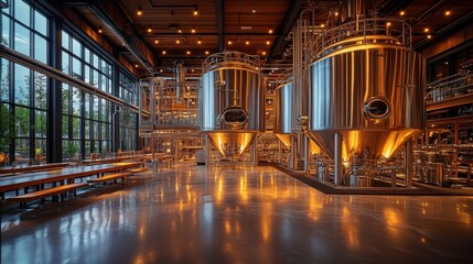 Modern Brewery Interior with Large Stainless Steel Tanks
