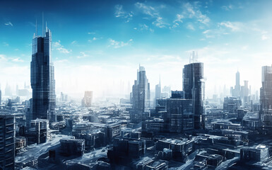 Render of a futuristic city with tall buildings with blue sky AI generative