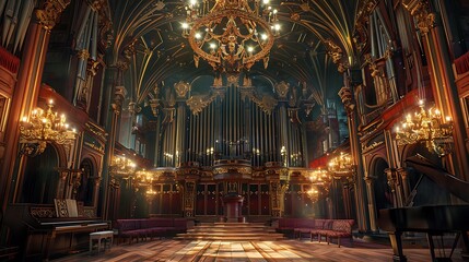 Obraz premium Magnificent traditional music staging set in an ornate achievement hall lighted by electricity