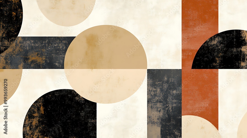 Poster abstract geometric pattern with circles and rectangles in beige, black, and red on a textured white 