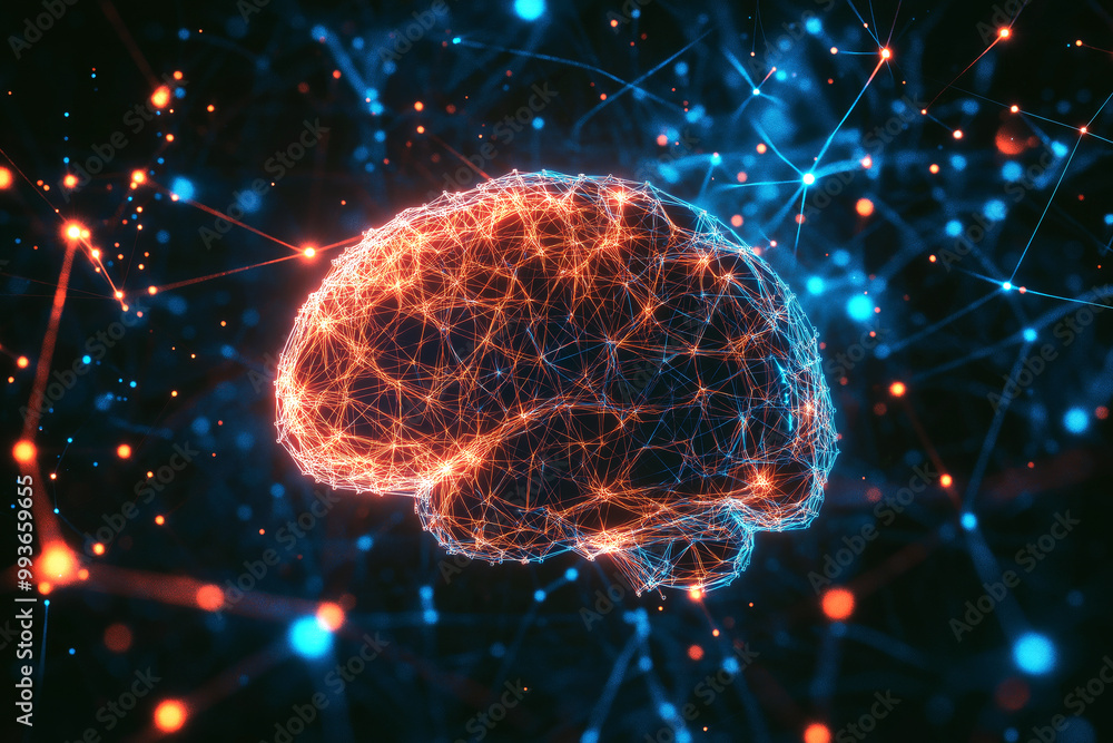 Poster abstract human brain with network connections and encryption symbols, depicted in a minimalist style
