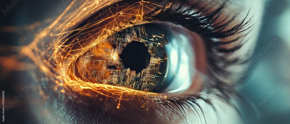 Poster a close-up of an eye with intricate digital patterns and glowing elements inside.
