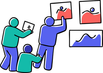 three people hang out some photos on a wall, icon doodle offset fill