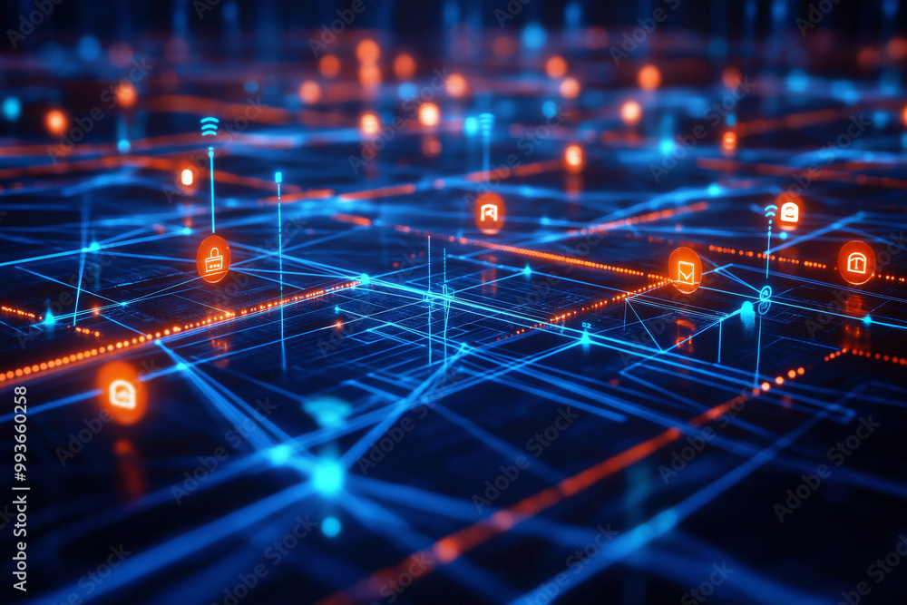 Poster abstract network of thin lines with access points symbolizing digital security.