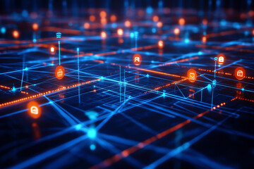 Abstract network of thin lines with access points symbolizing digital security.