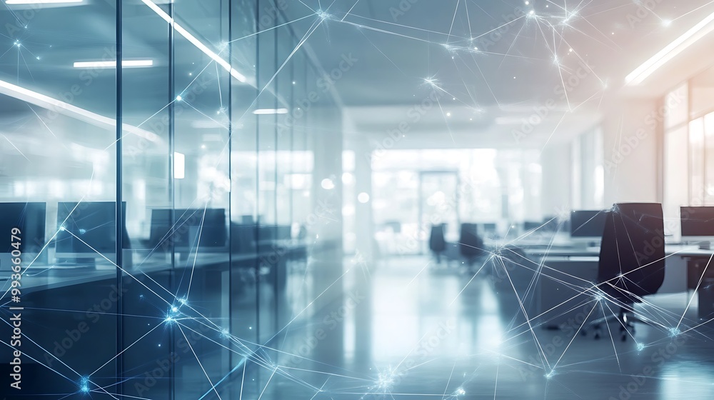 Poster abstract network connection overlaying on blurred modern office workspace.
