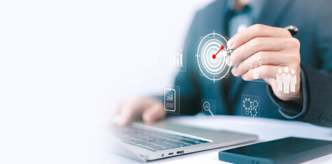 Target Icon corporate to achieve the purpose, grow of company. manager vision of performance business plan, and focus goal strategy, objective to success and invest. digital business growth concept