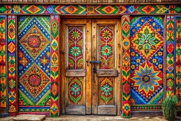 Obraz premium Vibrant Door Painting Showcasing Artistic Design and Colorful Patterns on a Rustic Wooden Surface